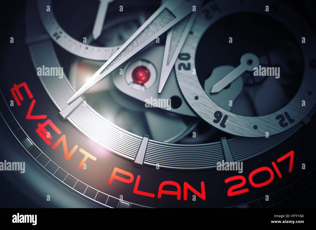 Event Plan 2017 su orologio automatico meccanismo. 3D. Foto Stock