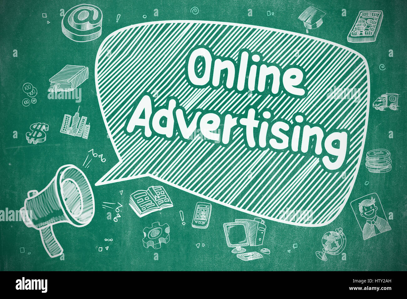 La pubblicità online - Doodle illustrazione sulla lavagna blu. Foto Stock