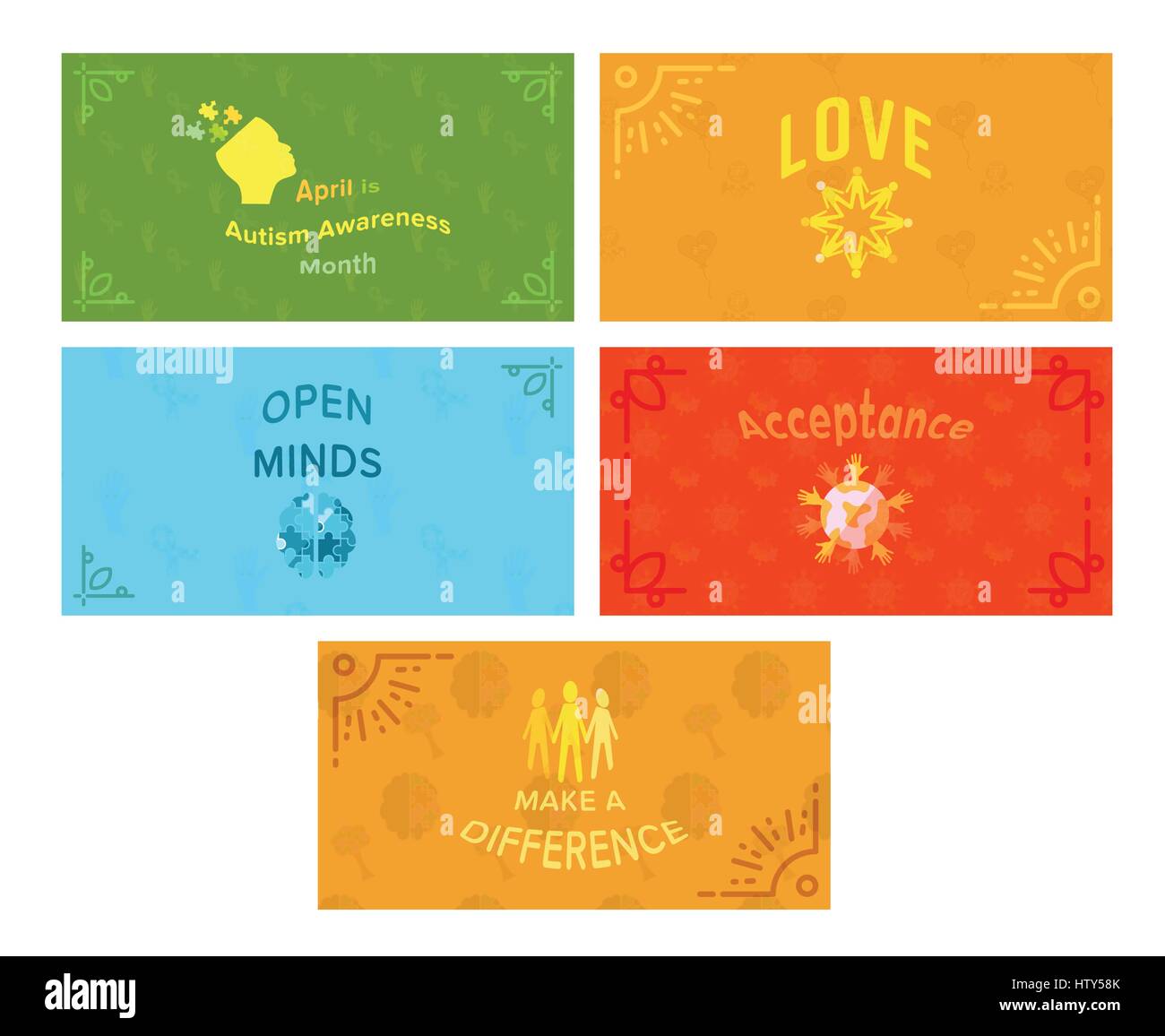 Vector icon set di cartoline di auguri con autismo messaggio di sensibilizzazione contro uno sfondo bianco Illustrazione Vettoriale