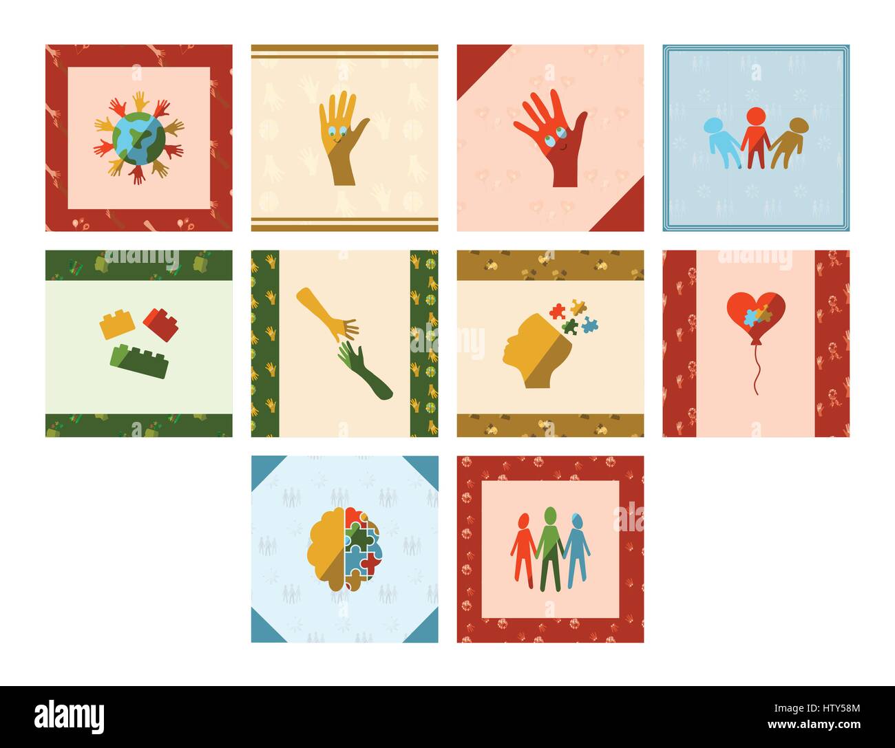 Vector icon set di ottenere carte con simboli di autismo contro uno sfondo bianco Illustrazione Vettoriale