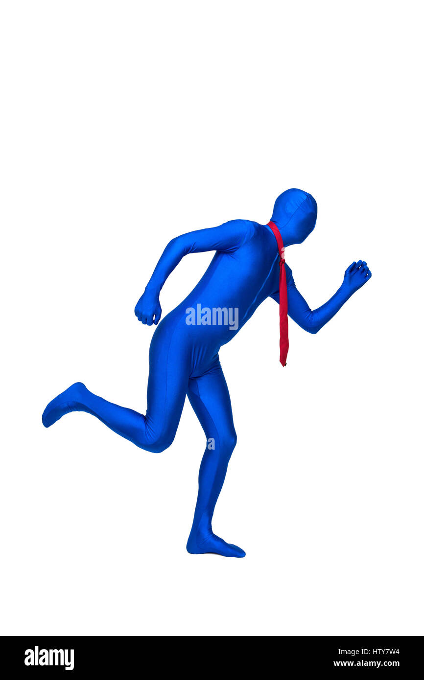 Blu misterioso uomo in costume con una cravatta rossa intorno al collo isolato sul bianco Foto Stock