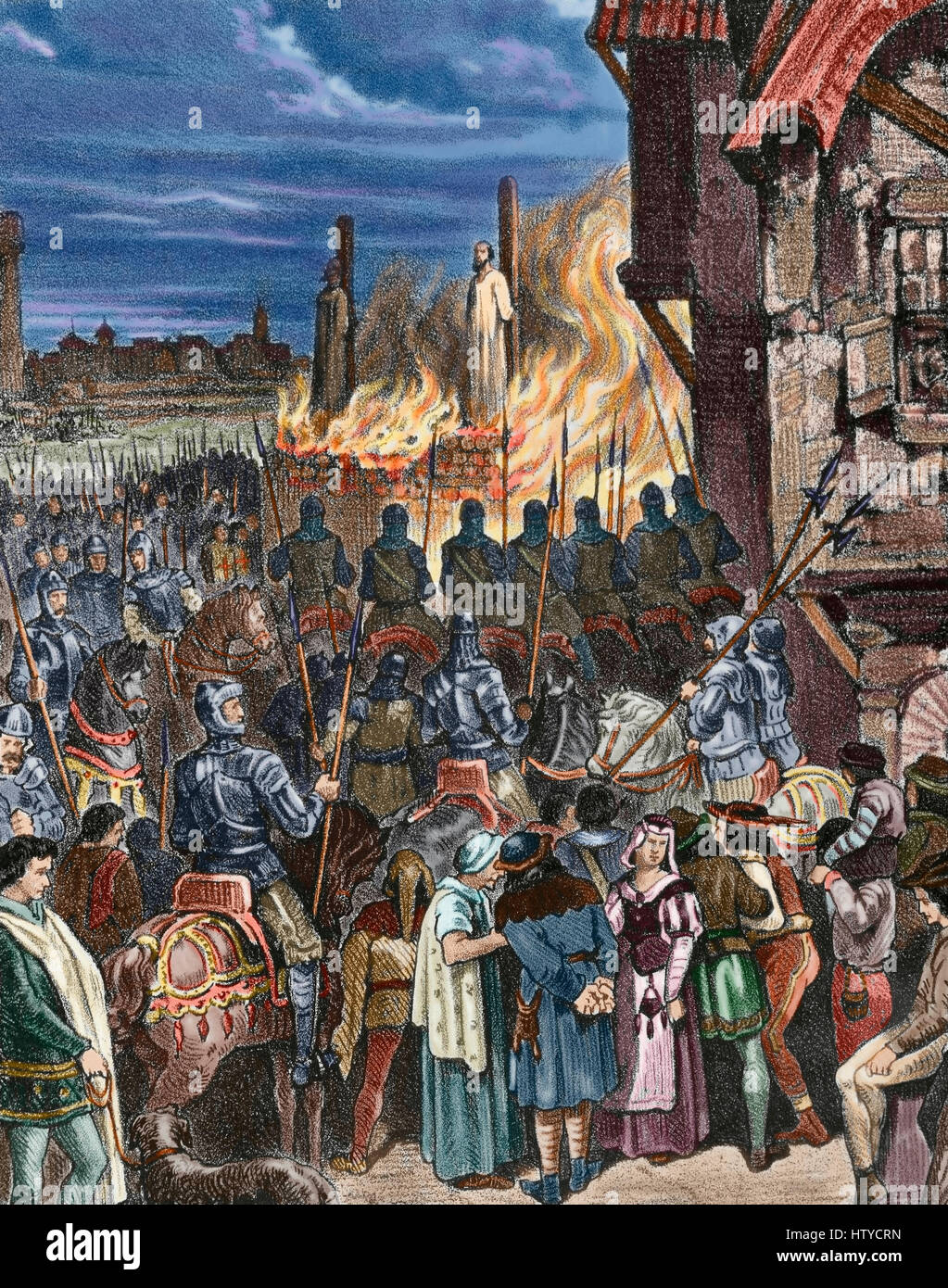La masterizzazione dei templari in Francia. Parigi. Jacques de Molay (c.1240-1244-1314), il Gran Maestro dell Ordine del Tempio e Geoffroi de Charney, precettore in Normandia, sono bruciato sul rogo accusato di eresia da papa Clemente V Marzo 18, 1314. Incisione. Colorati. Foto Stock