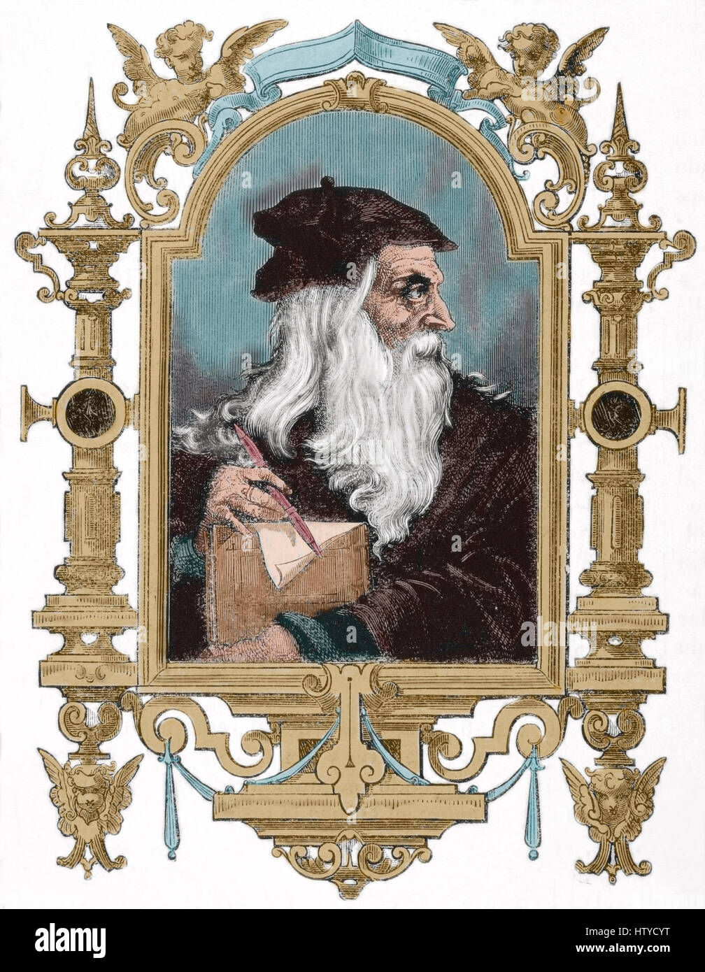 Leonardo da Vinci (1452-1519). Polymath italiano noto per le sue opere nella invenzione, pittura, scultura, architettura, scienza, musica, matematica, ingegneria, letteratura, anatomia, geologia, astronomia, botanica, la scrittura, la storia e la cartografia. Epoca rinascimentale. Ritratto. Incisione in 'La Ilustracion Española y Americana ", 1872. Colorati. Foto Stock