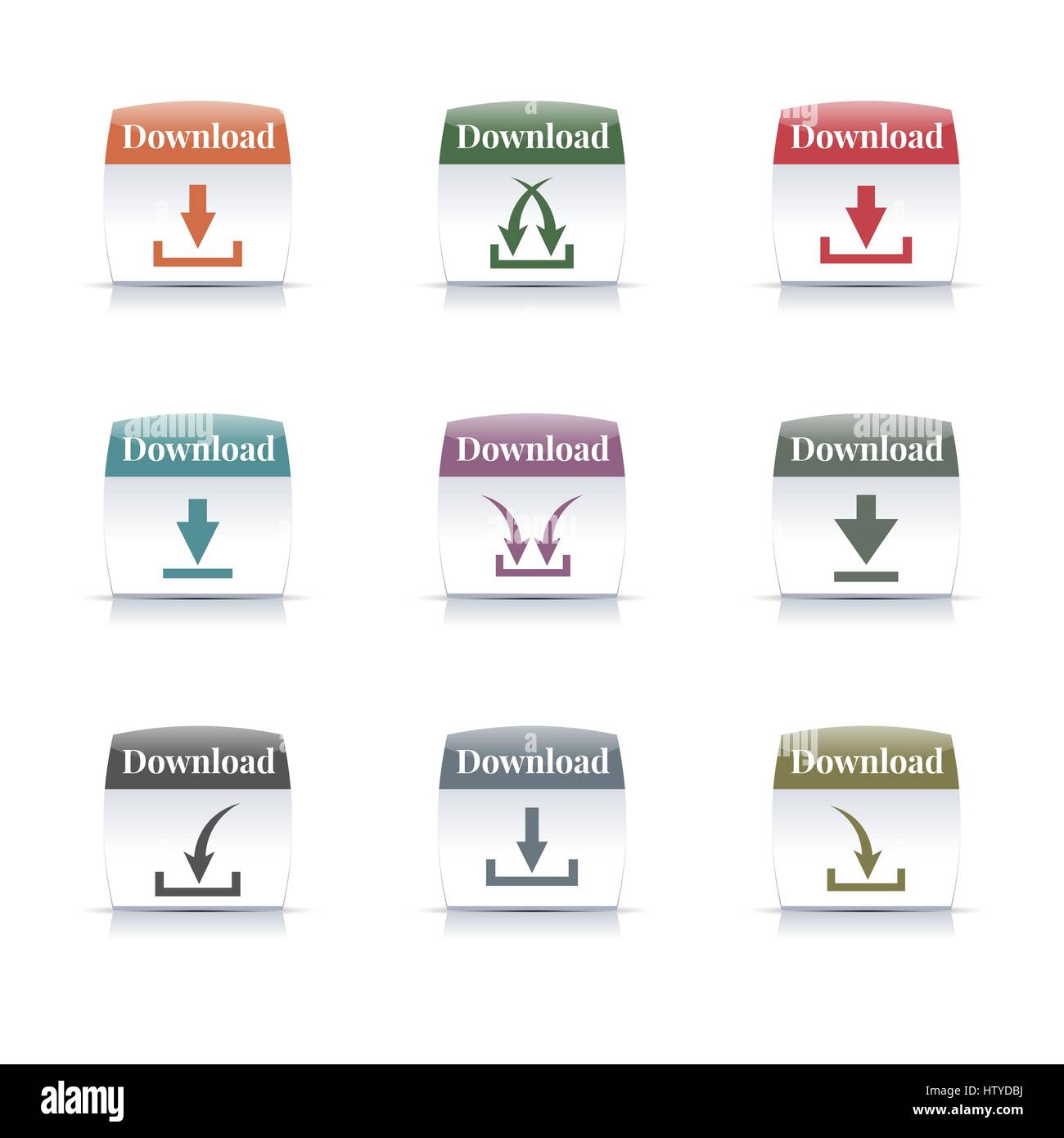 Set di colori diversi pulsanti di download, illustrazione vettoriale. Illustrazione Vettoriale