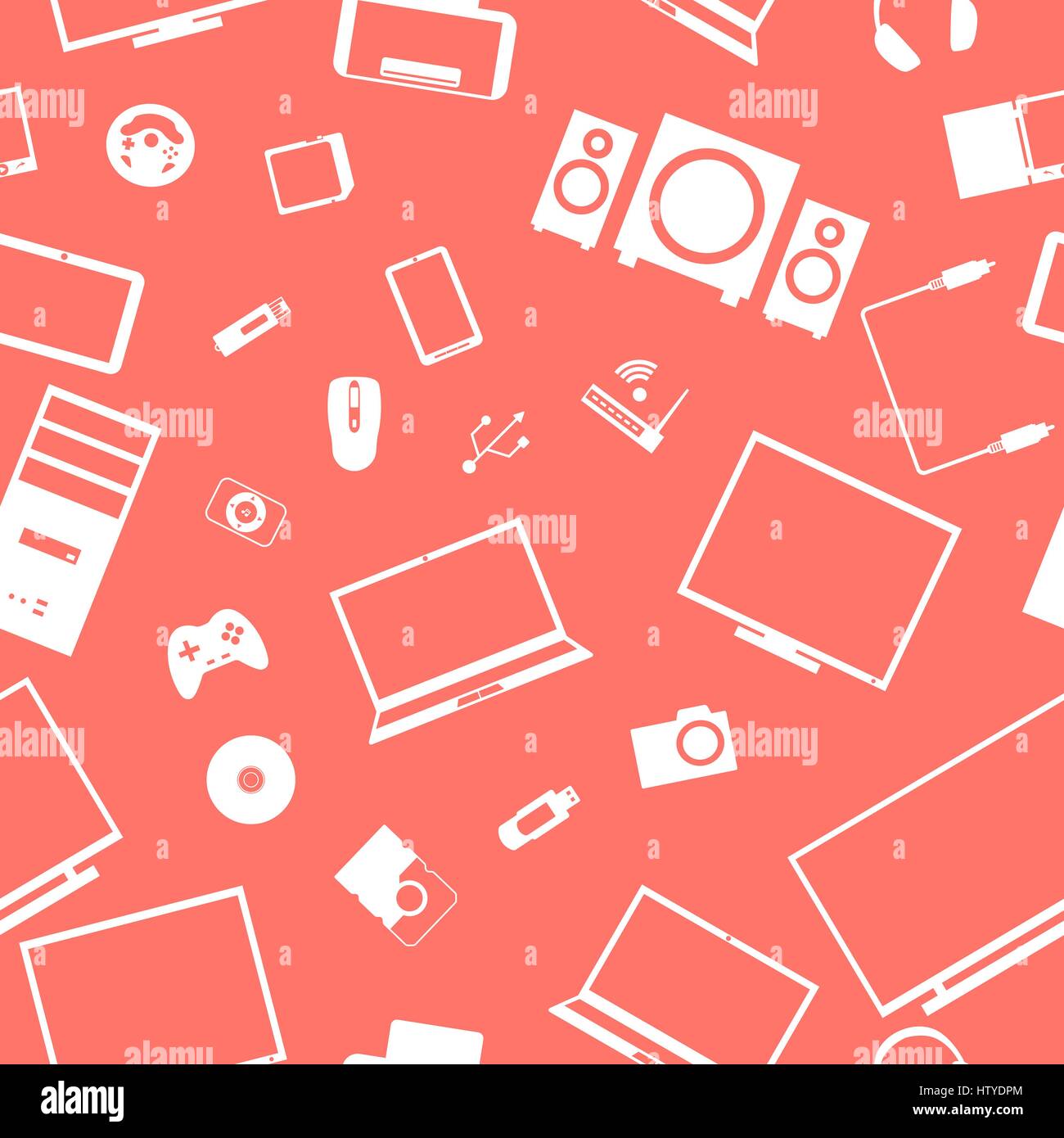 Sfondo senza soluzione di continuità da un insieme di dispositivi digitali e accessori per computer, illustrazione vettoriale. Illustrazione Vettoriale