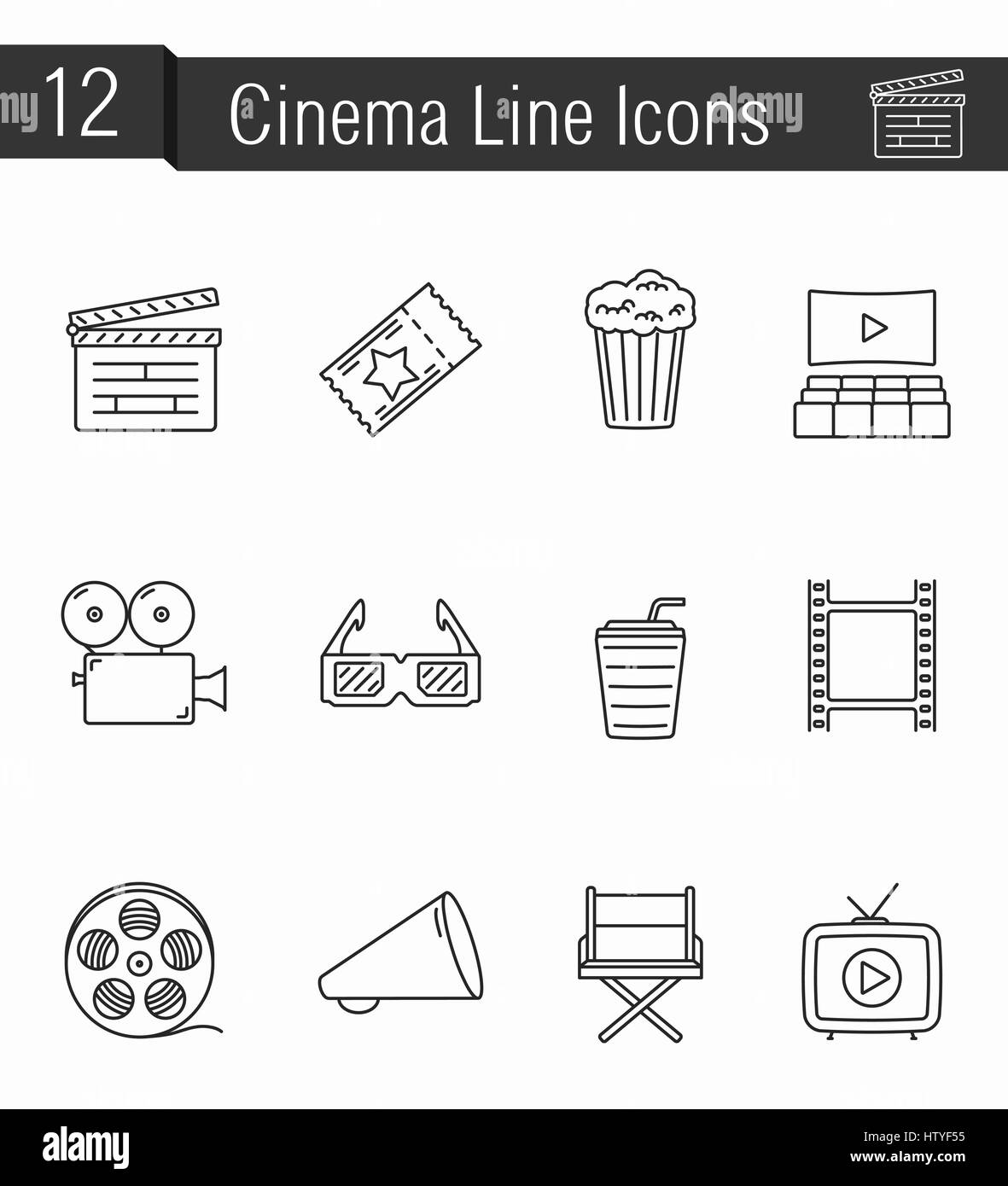 Set di 12 cinema sottile linea icone - battaglio board, biglietto, popcorn, bevande, hall, videocamera, occhiali, bobina di pellicola, megafono, direttore, pellicola, home vid Foto Stock