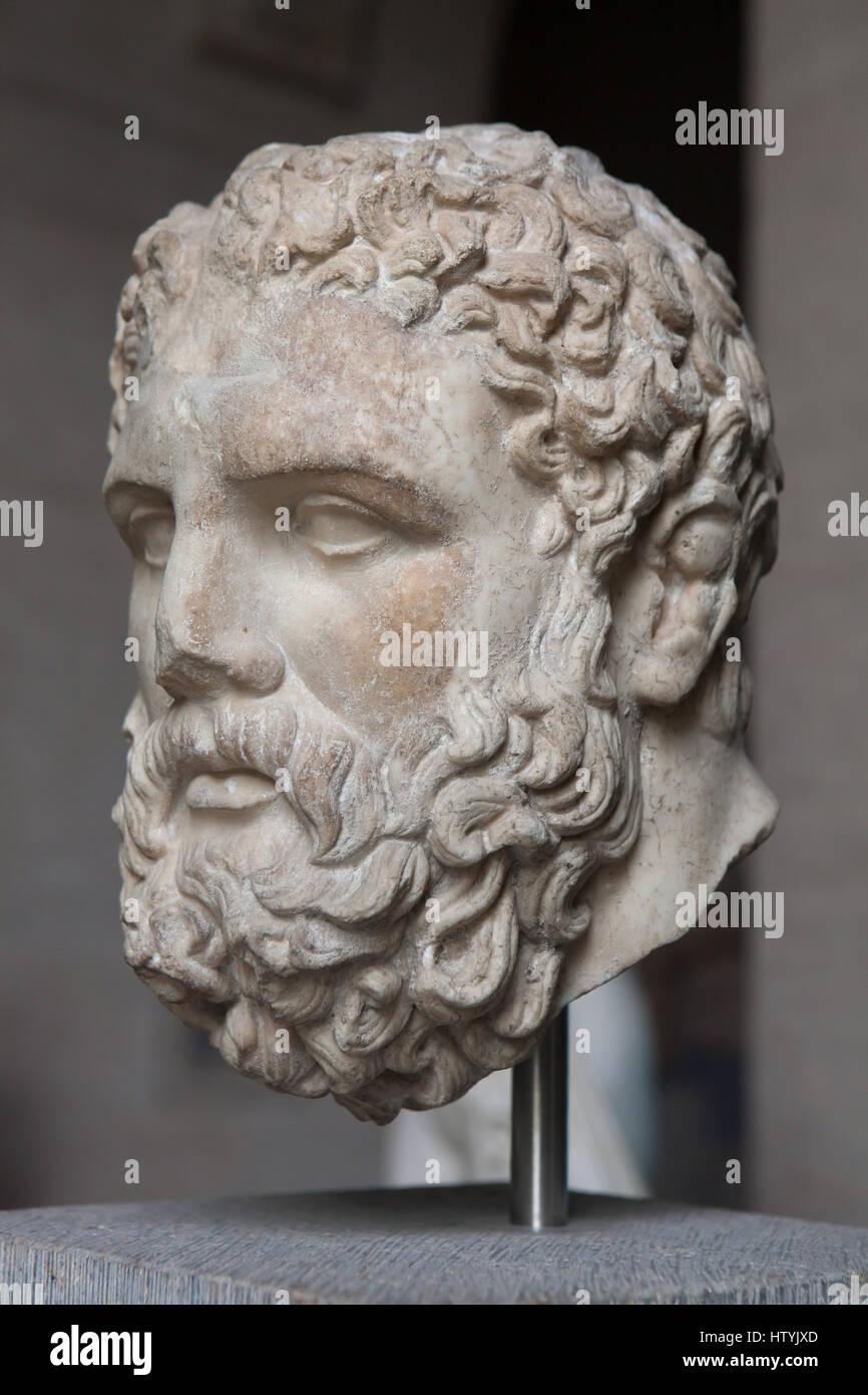 Testa di Eracle. Copia romana dopo un originale greco da circa 360 BC sul display nella Glyptothek Museum di Monaco di Baviera, Germania. Foto Stock