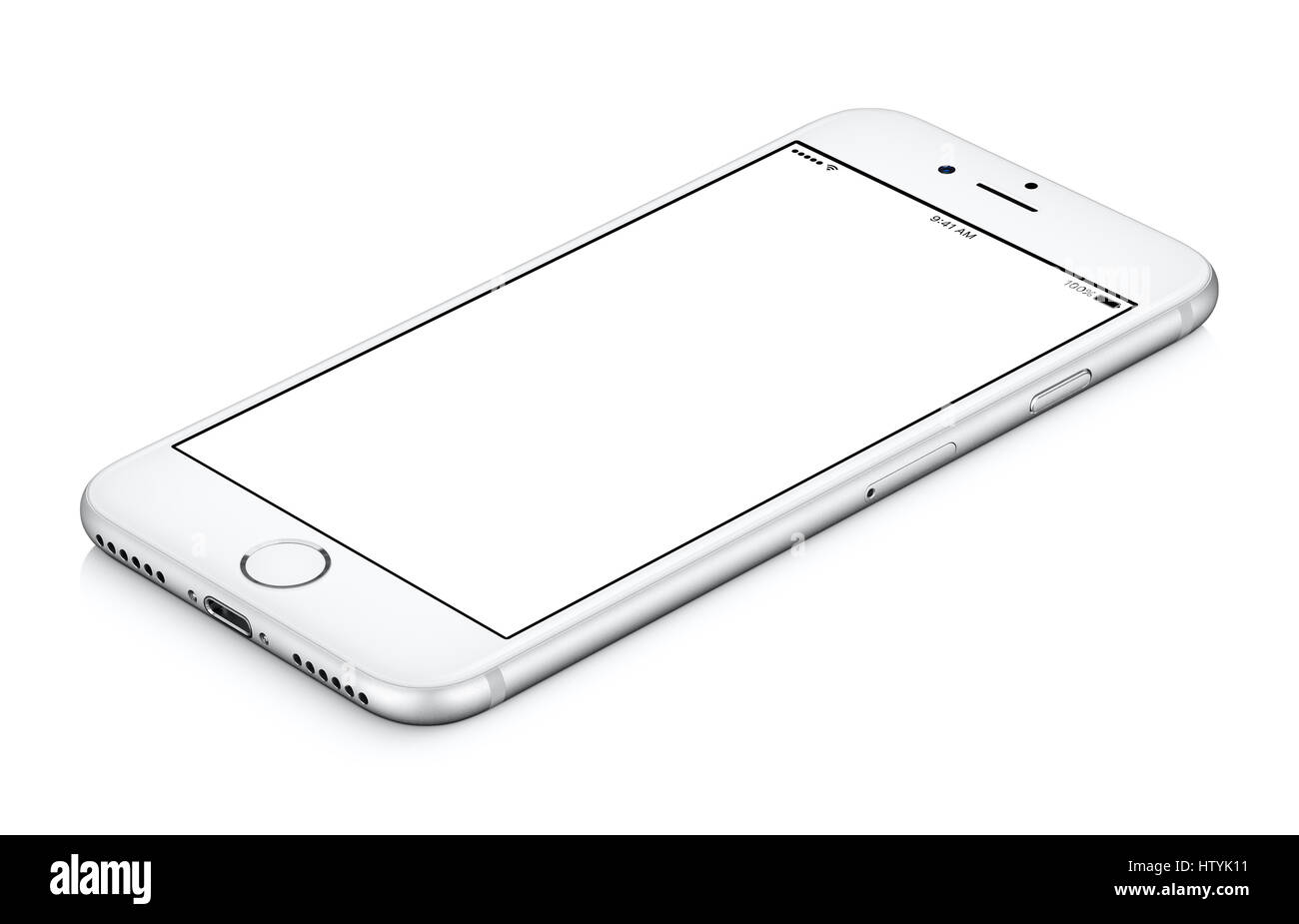 White mobile smartphone mockup ruotato in senso orario si trova sulla superficie con schermo vuoto isolato su sfondo bianco. Foto Stock White mobile smartphone mockup ruotato in senso orario si trova sulla superficie con schermo vuoto isolato su sfondo bianco. Foto Stock