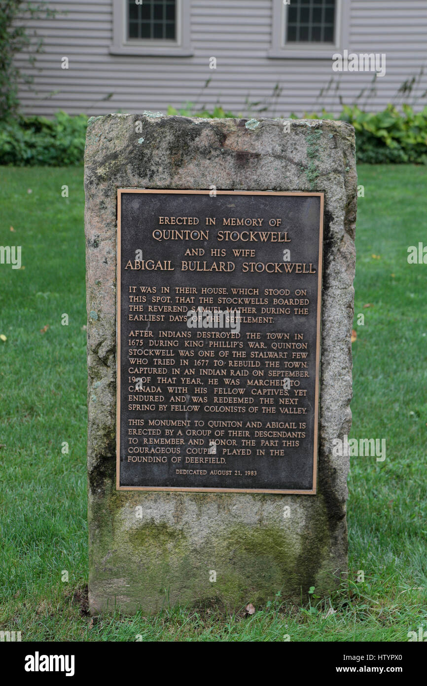 Targa dedicata a Quinton & Abigail Stockwell nella storica città di Deerfield, contea di Franklin, Massachusetts, Stati Uniti. Foto Stock