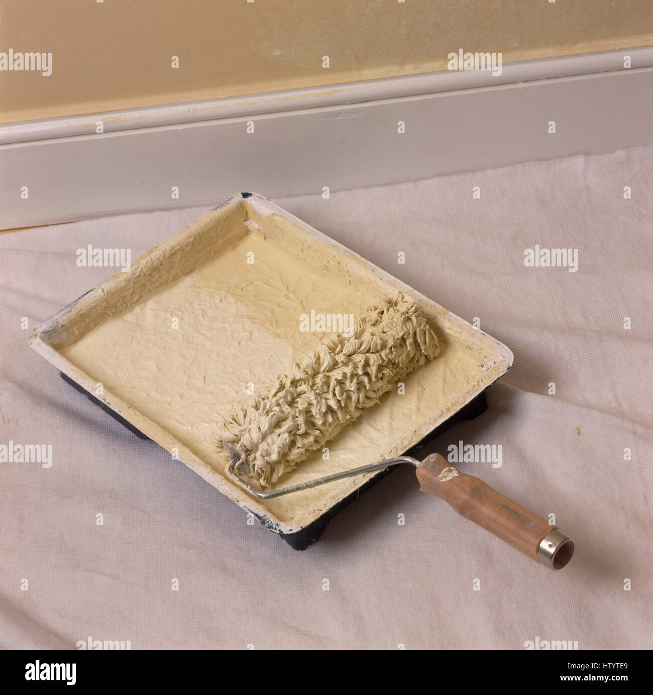 Close-up di un rivestimento a superficie ruvida a rullo e vassoio di vernice Foto Stock