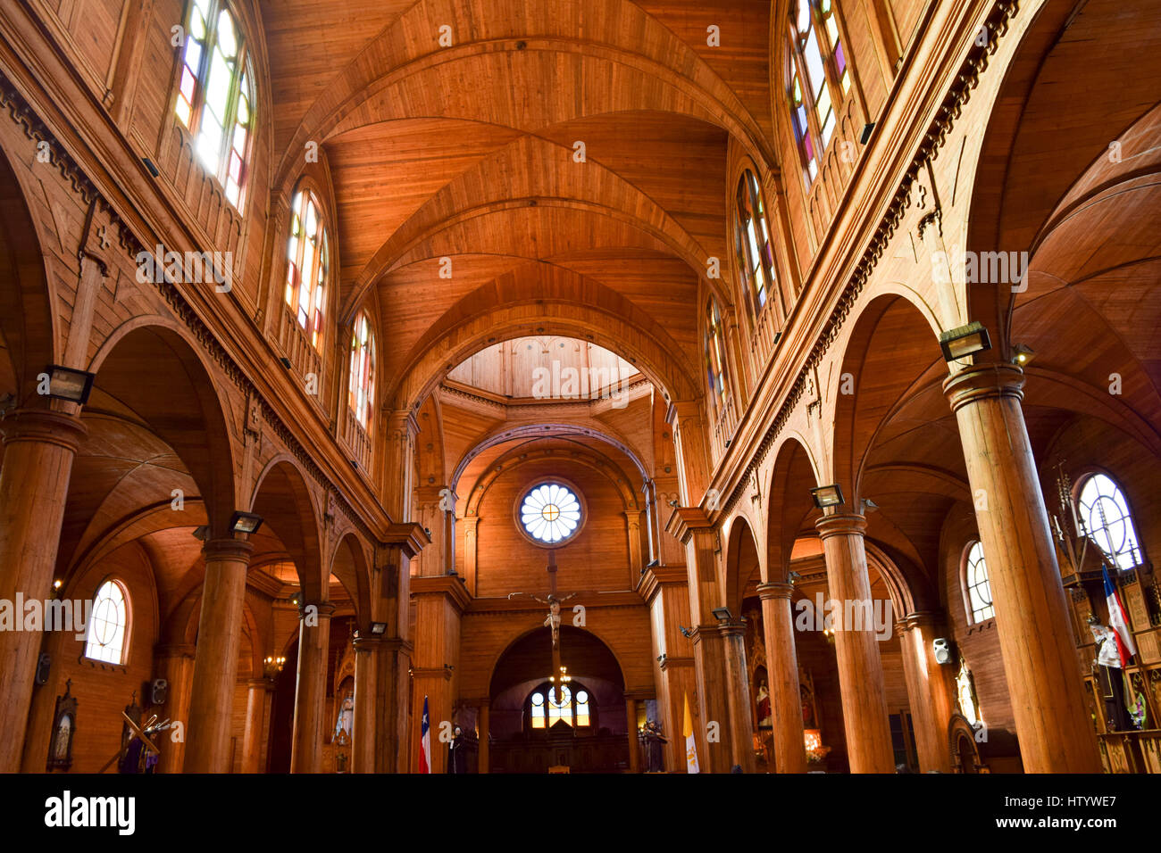 Interno della chiesa in legno di CASTRO, Cile. Foto Stock