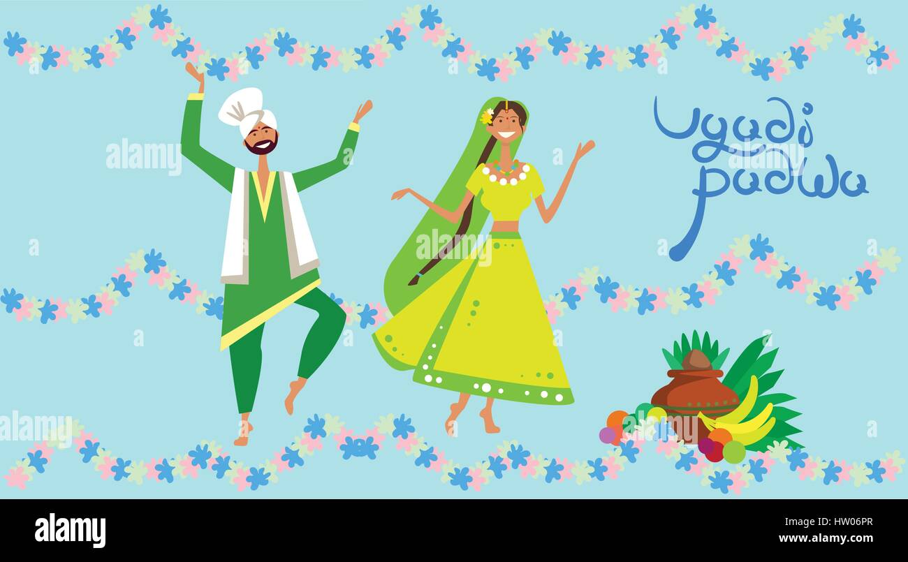 Giovane celebrando Ugadi felice e Gudi Padwa indù Anno Nuovo Biglietto di Auguri Holiday Illustrazione Vettoriale