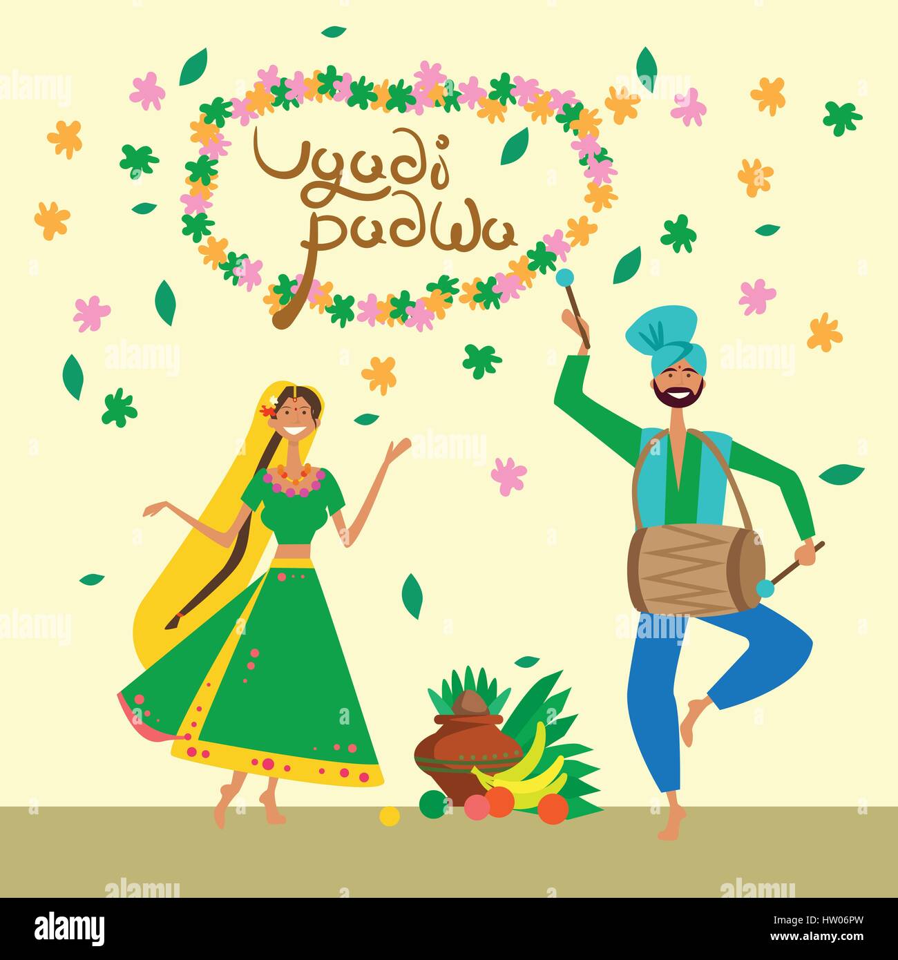 Giovane celebrando Ugadi felice e Gudi Padwa indù Anno Nuovo Biglietto di Auguri Holiday Illustrazione Vettoriale