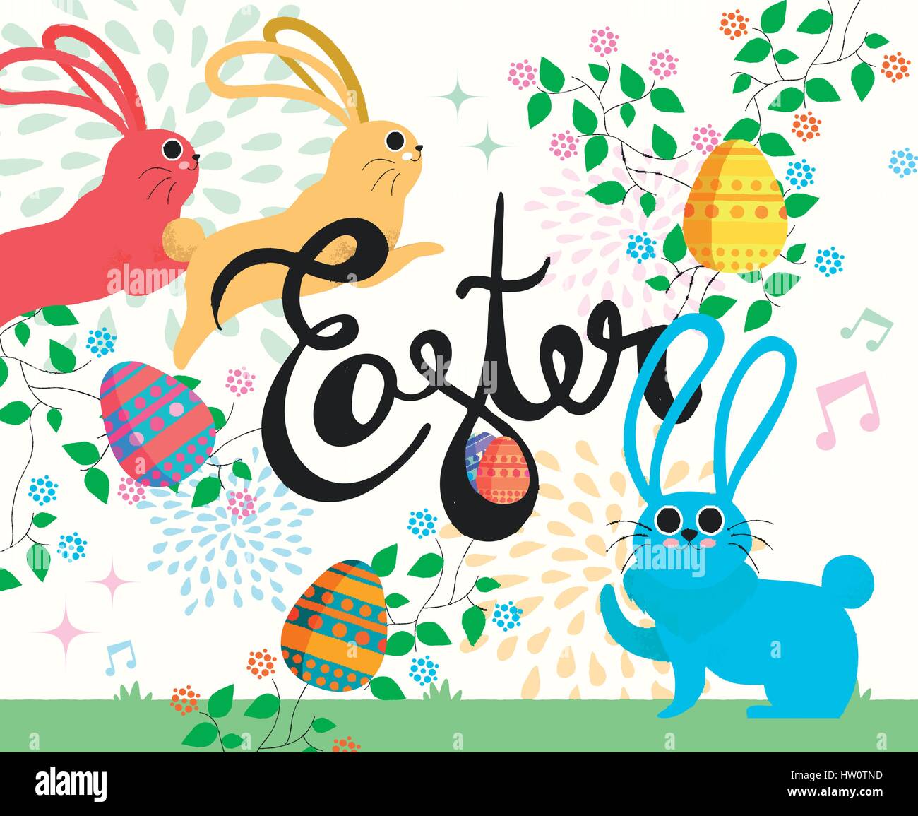 Easter Card illustrazione. Happy cartoon conigli in primavera con disegnati a mano preventivo tipografia, uova, fiori e la natura della decorazione. EPS10 vettore. Illustrazione Vettoriale