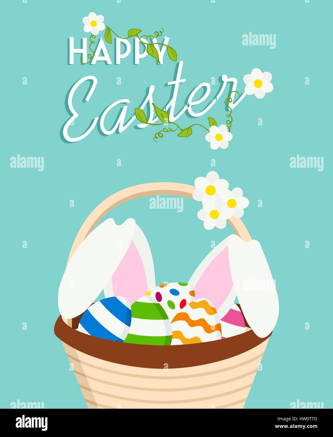 Felice Pasqua card illustrazione di coniglio all'interno di caccia all'uovo di cestello. Holiday celebrazione design con decorazione a molla. EPS10 vettore. Illustrazione Vettoriale