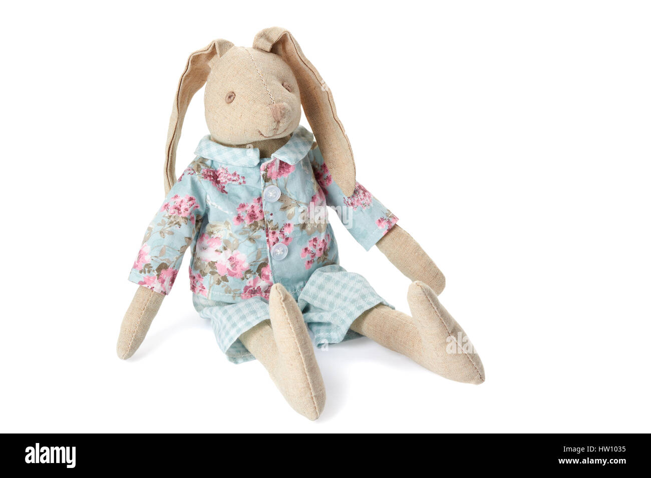 Seduta soft bunny toy su bianco Foto Stock