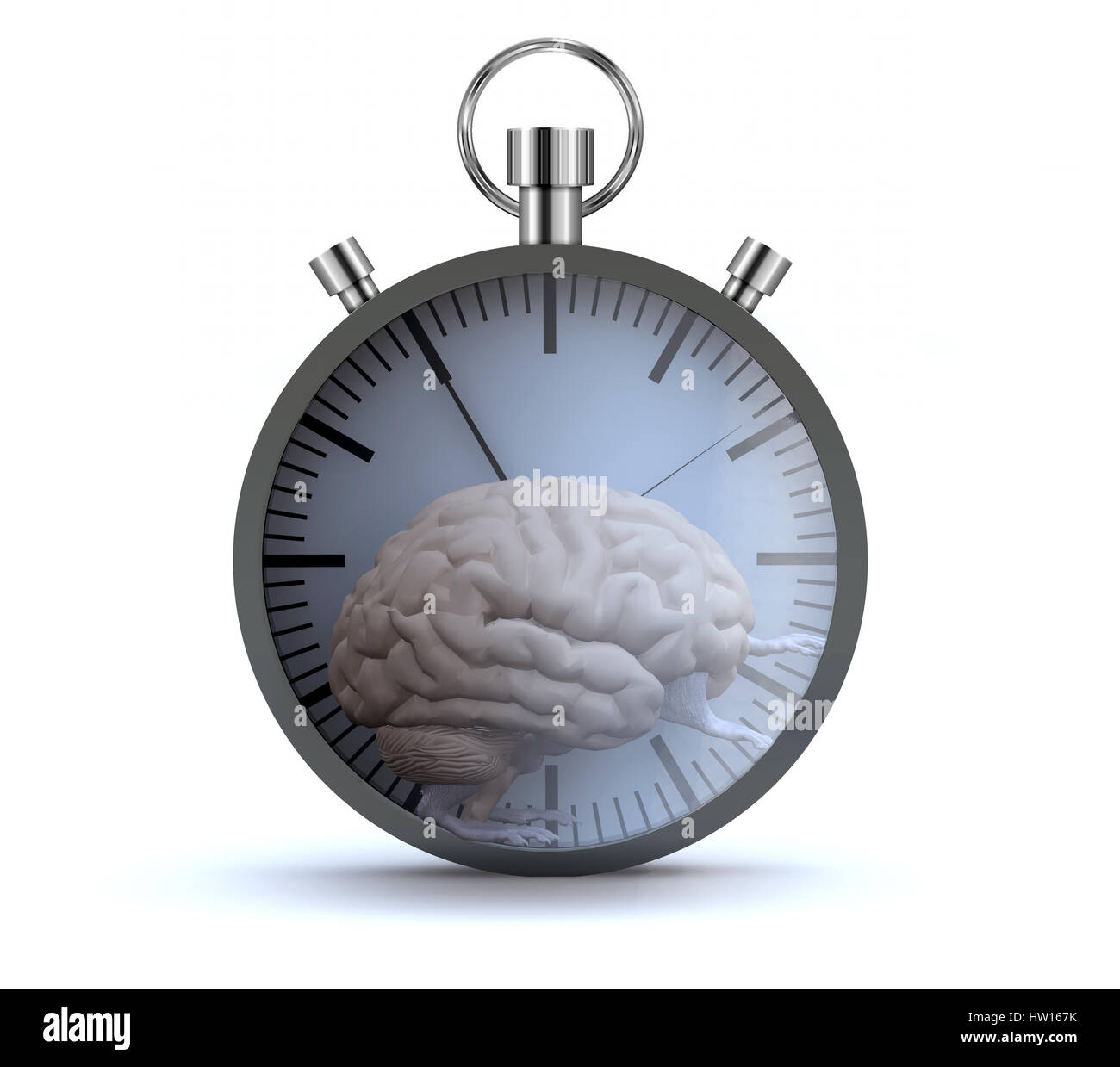 Cervello umano organo con le braccia e le gambe sono in esecuzione in un criceto ruota come un cronometro, stress concetto astratto, 3d illustrazione Foto Stock