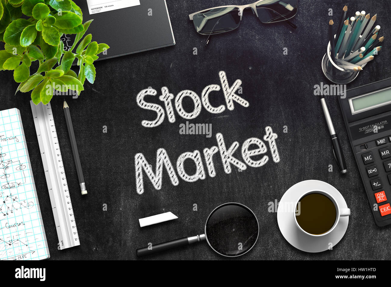 Lavagna nera con il mercato azionario. Il rendering 3D. Foto Stock