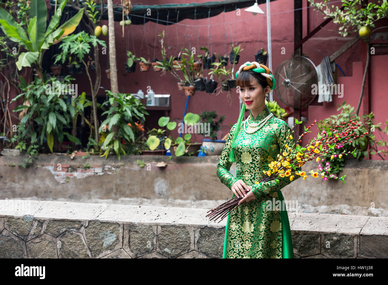 La città di Ho Chi Minh, Vietnam. Febbraio 2016. Una giovane donna in posa per un nuovo anno cinese ritratto. Foto Stock