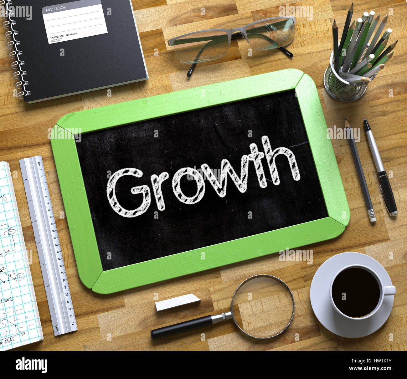 Il concetto di crescita su piccole lavagna. 3d. Foto Stock