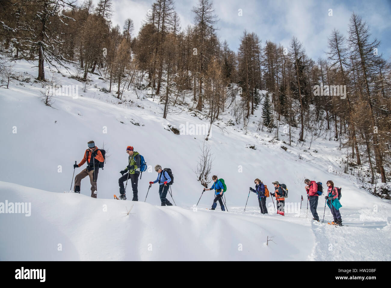 Con le racchette da neve gruppi esplorare le montagne del Villgratental in Ost Tirol Austria vicino alla South Tirol confine con Italia Foto Stock