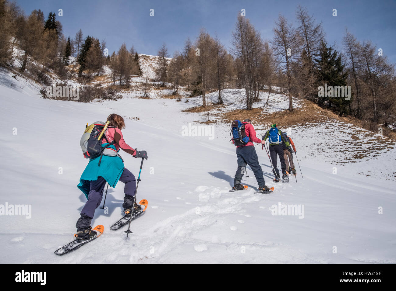 Con le racchette da neve gruppi esplorare le montagne del Villgratental in Ost Tirol Austria vicino alla South Tirol confine con Italia Foto Stock