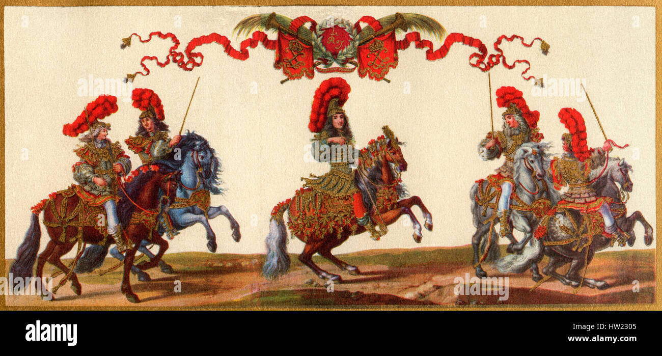 Louis XIV come un imperatore romano, centro, 1638 - 1715, aka Luigi il Grande o il Re Sole. Il monarca della Casa di Borbone che governarono come Re di Francia. Parte della grande giostra dato da Luigi XIV nella parte anteriore del Tuileries, Parigi, Francia, 5 giugno 1662, per celebrare la nascita del delfino. Foto Stock