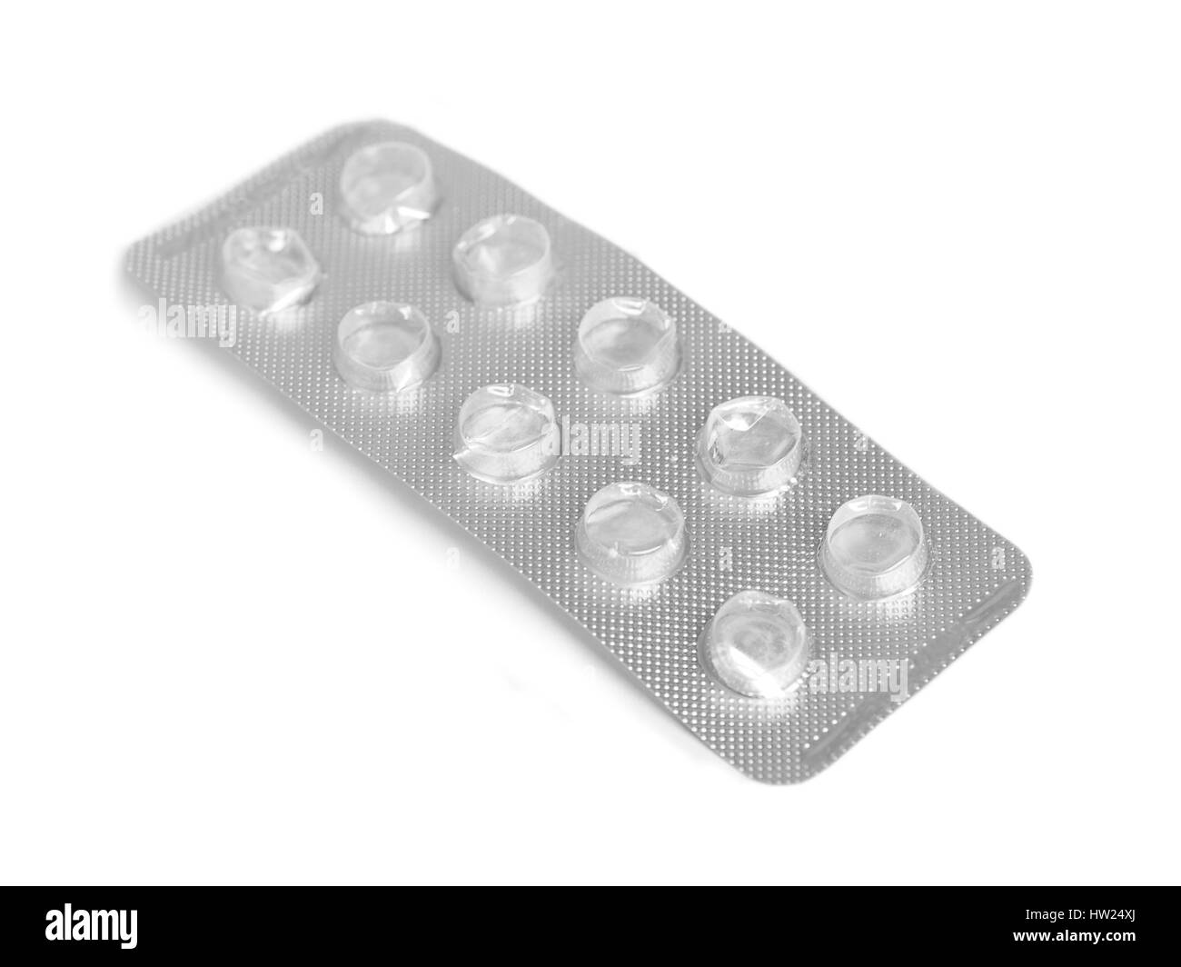 Confezione vuota di pillole isolati su sfondo bianco Foto Stock