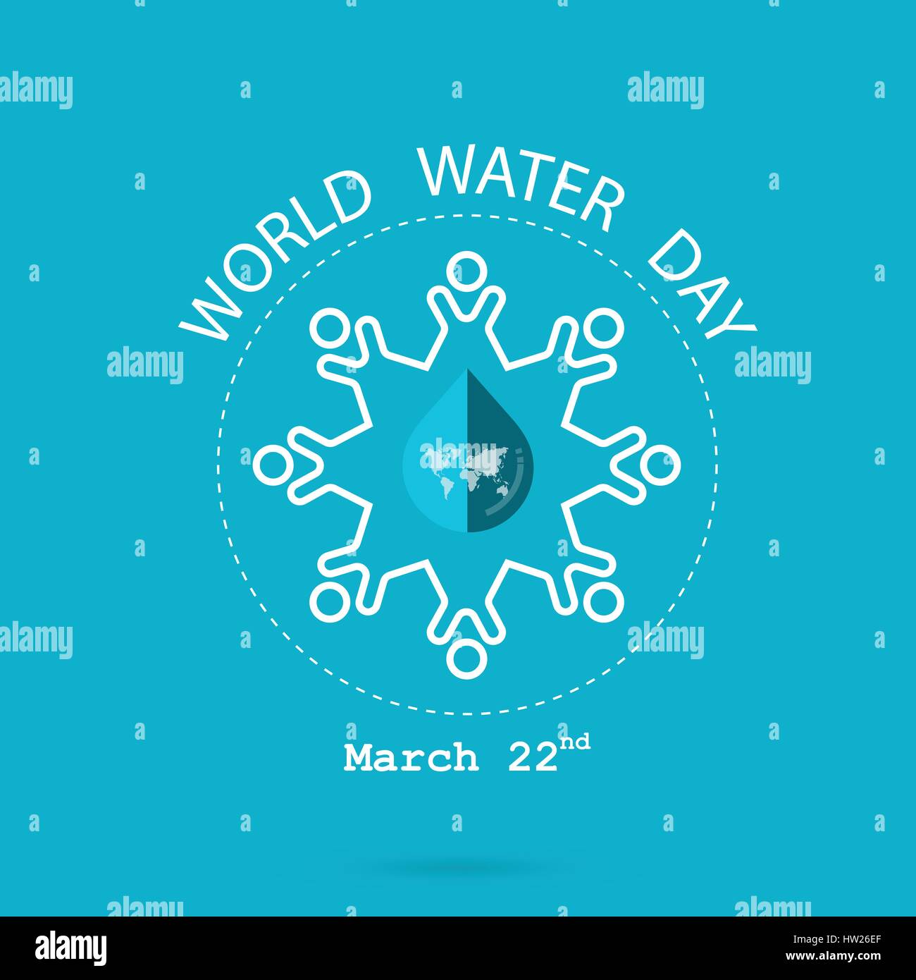 Goccia d'acqua e la mappa del mondo con persone vettore icona logo design template.Giornata mondiale dell'acqua icon.Giornata mondiale dell'acqua idea campagna per il biglietto di auguri e poster. Illustrazione Vettoriale