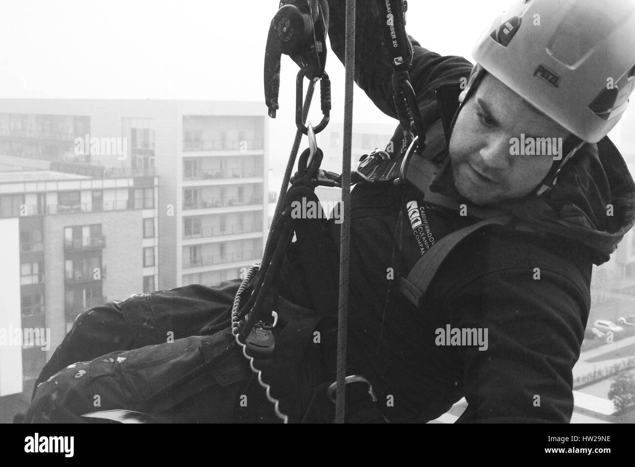 Fotografia documentaria della finestra di Cardiff Società di pulizia Foto Stock