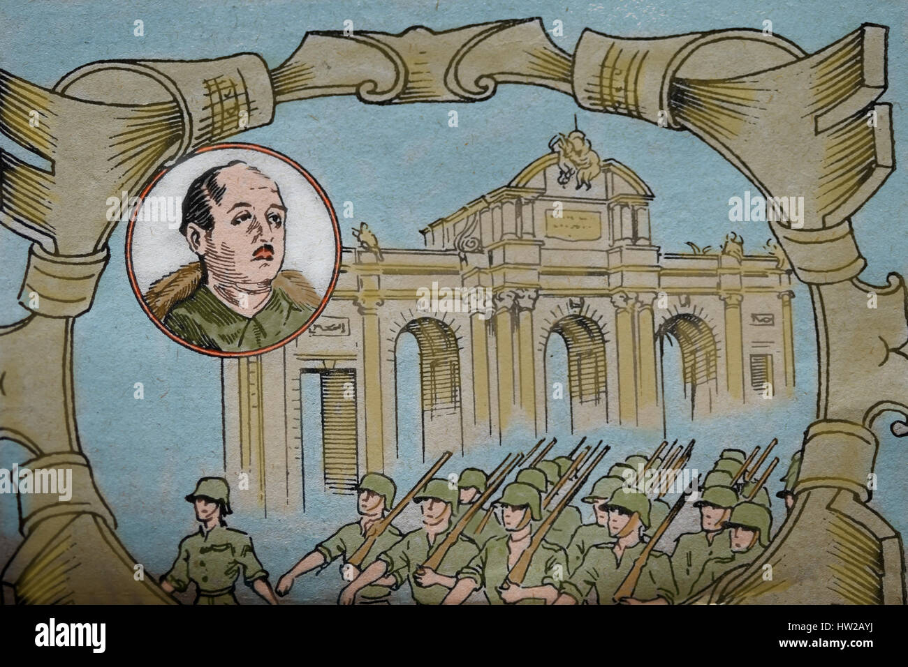El Caudillo Francisco Franco (1892-1975) dittatore di Spagna. Parata militare. Madrid. Spagna. Incisione. Foto Stock