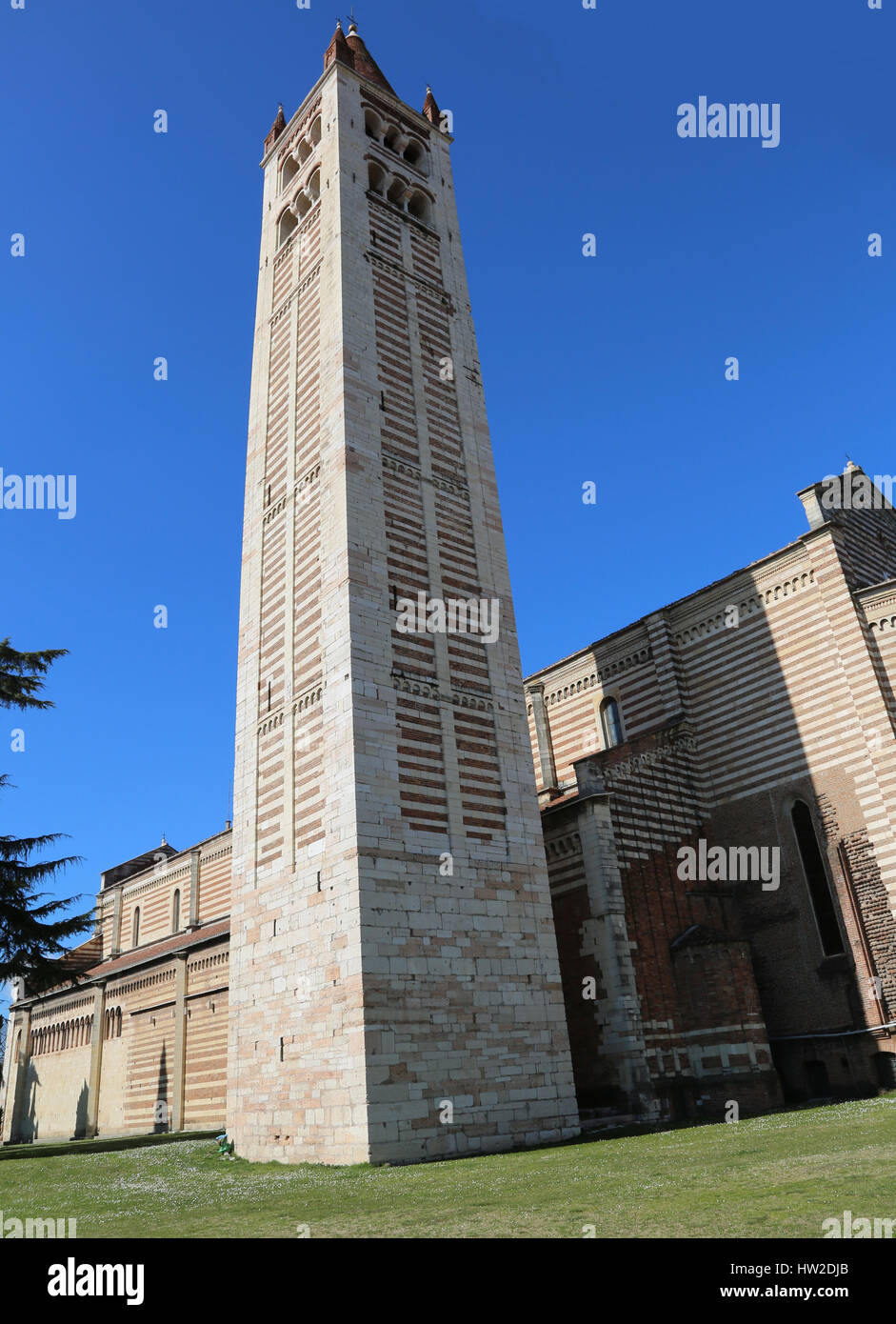 Alta torre campanaria di San Zeno Basilica a Verona nel Nord Italia Foto Stock