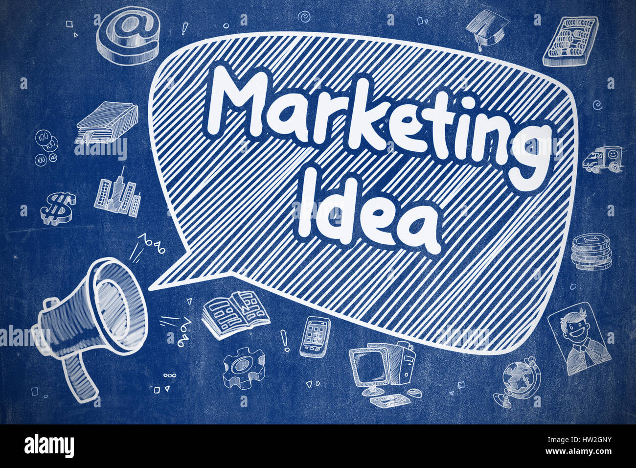 Idea di marketing - Doodle illustrazione sulla lavagna blu. Foto Stock