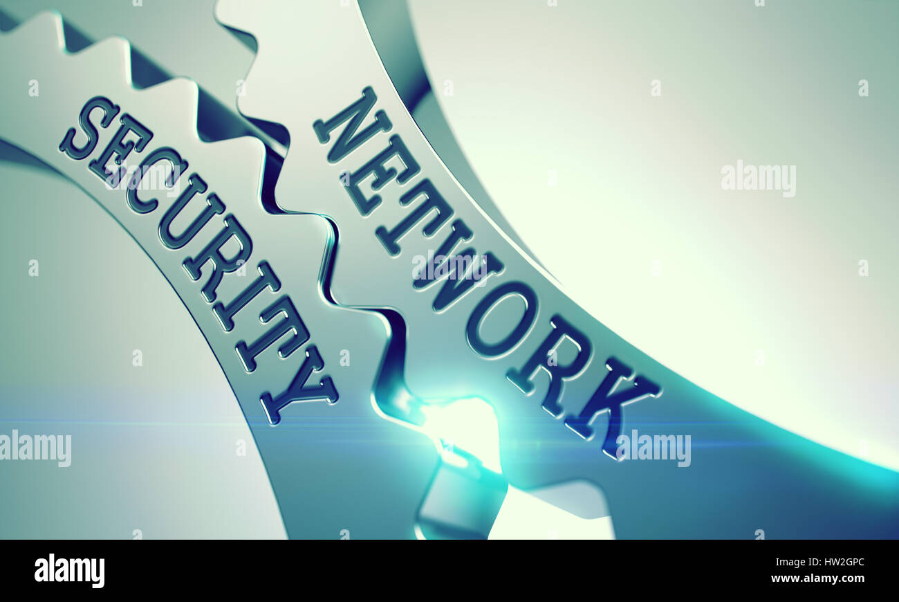 Sicurezza della rete - Messaggio sul meccanismo di ruote dentate metalliche. 3d. Foto Stock