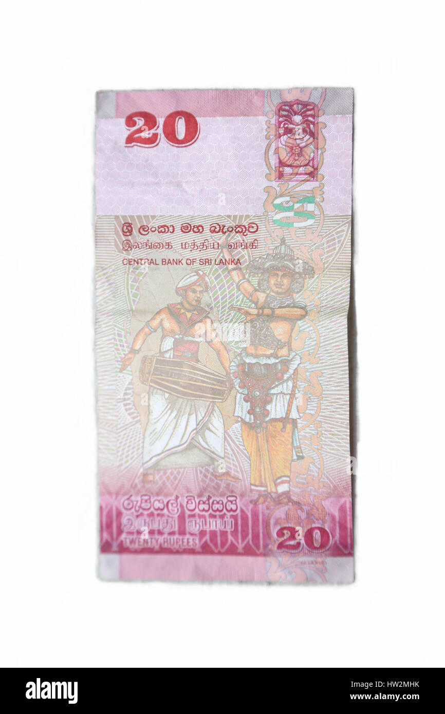 Il governo dello Sri Lanka Rupee banconote - Venti rupie mostra dello Sri Lanka ballerini sul lato inverso della nota Foto Stock