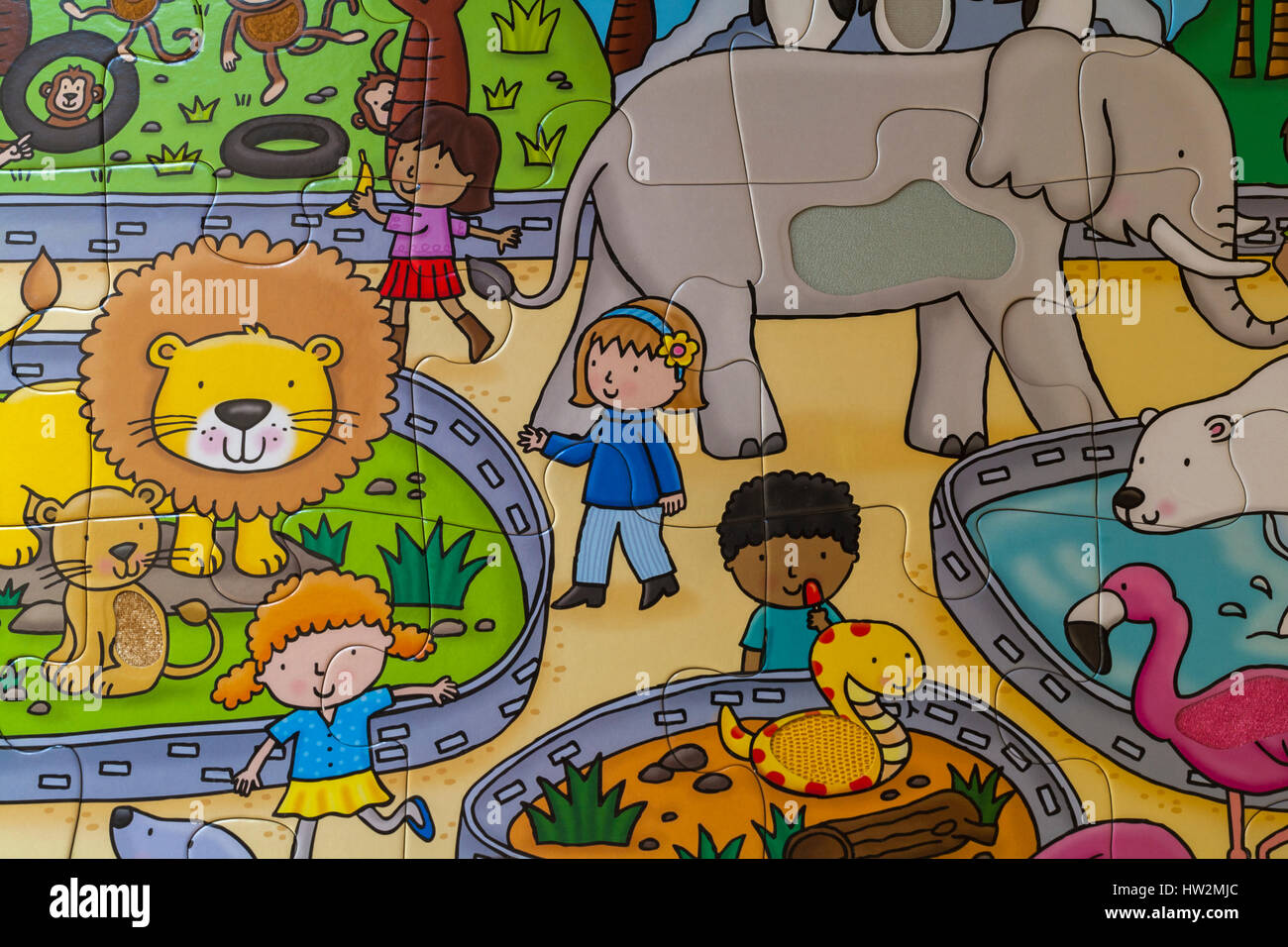 Puzzle sezione del sistema ELC toccare e sentire zoo puzzle jigsaw puzzle con gli animali e i bambini allo zoo chunky i pezzi del puzzle con texture diverse Foto Stock
