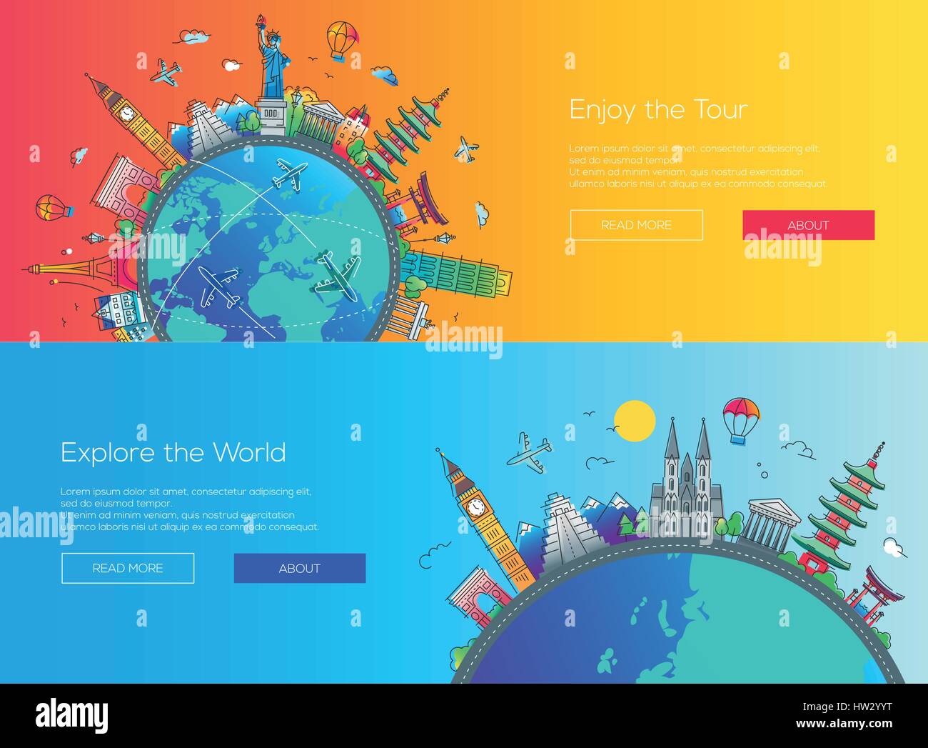 Design piatto pagina web banner di viaggio insieme Illustrazione Vettoriale