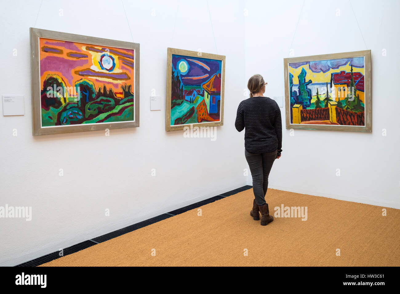 Visitatore guardando i dipinti di Karl Schmidt-Rottluff al Brucke Museum di Dahlem , Berlino, Germania Foto Stock