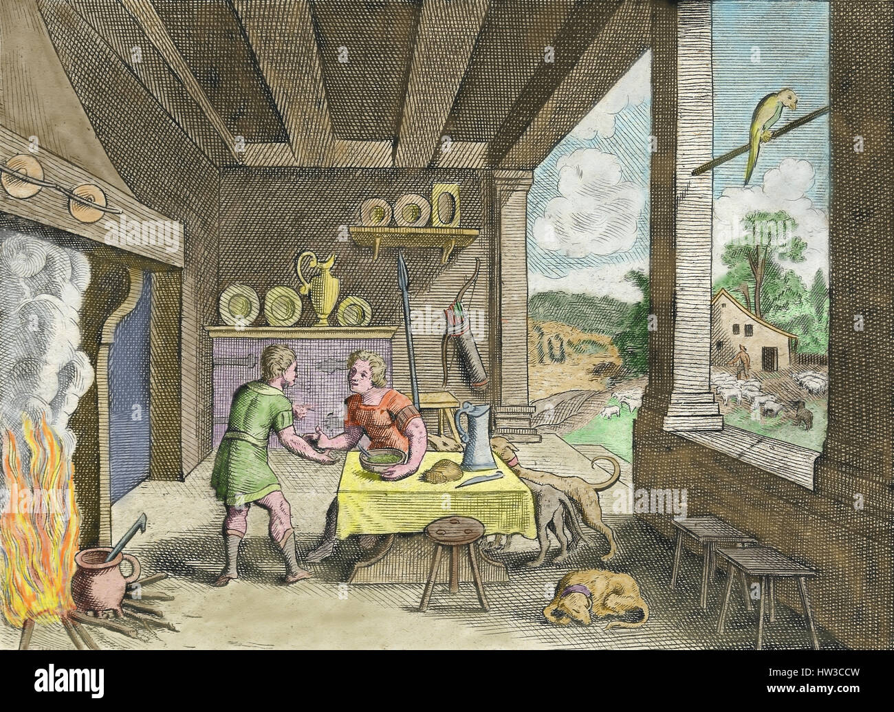 Scena biblica. Esaù vende il suo diritto di primogenitura a Giacobbe in cambio di un alimento. Il Vecchio Testamento. Incisione del XVIII secolo. Colorazione successiva Foto Stock