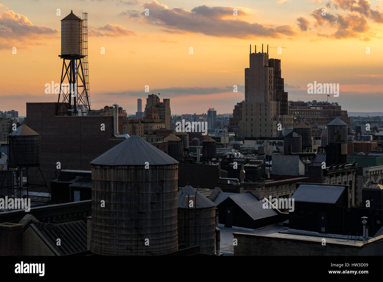In estate la luce del tramonto sui tetti di Chelsea, la Torre dello scuotipaglia e torri d'acqua, Manhattan New York City Foto Stock