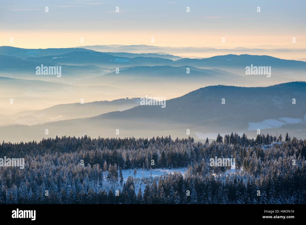 La nebbia in valle, vista dal grande Arber nella neve, riserva naturale della Foresta Bavarese, Bassa Baviera, Baviera, Germania Foto Stock