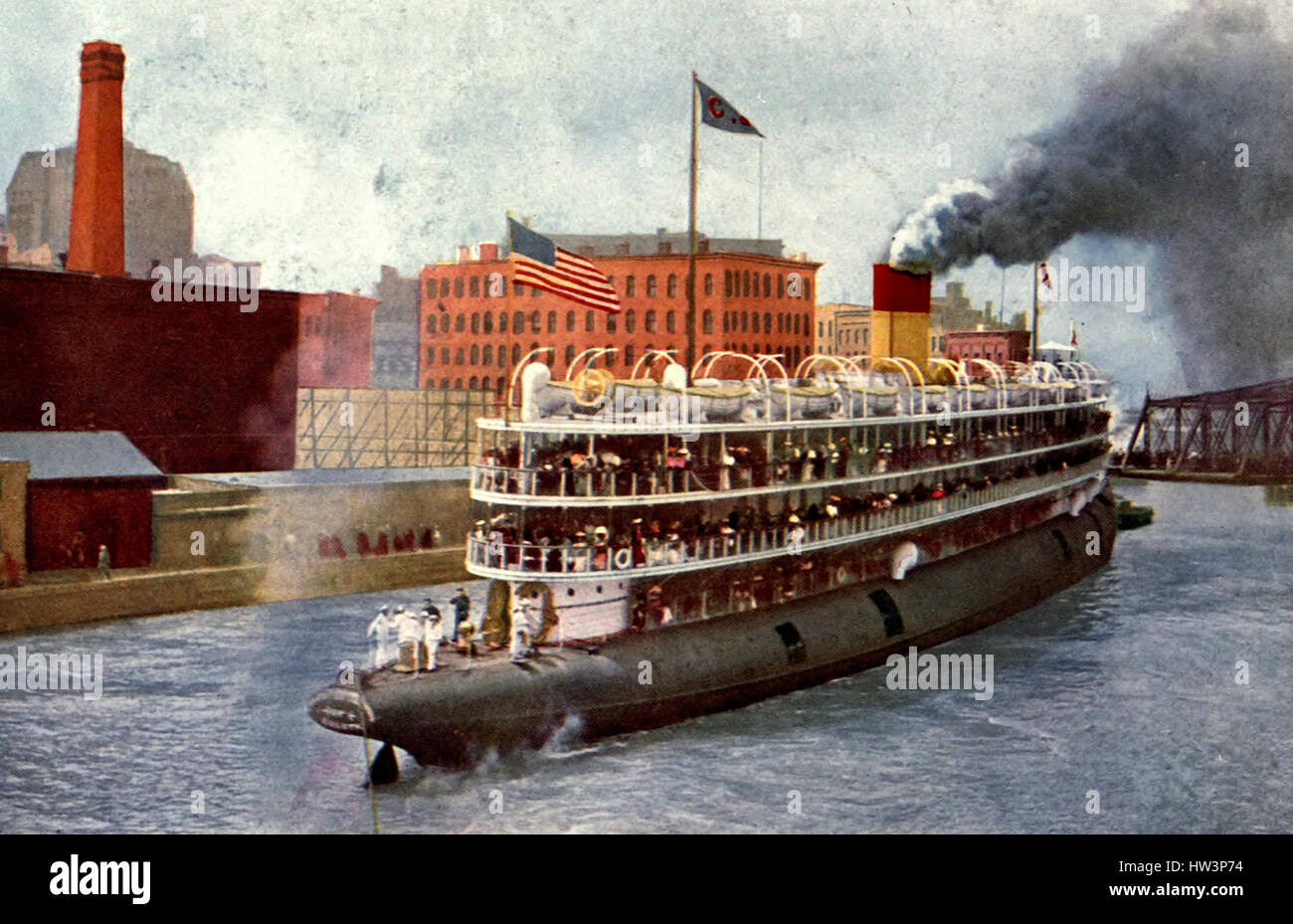 Piroscafo Christopher Columbus in Chicago River, lasciando Chicago il suo regolare viaggio a Milwaukee, circa 1908 Foto Stock
