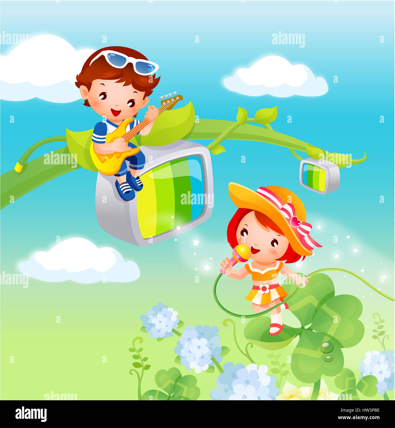Ragazzi,BOY,maschio, la succursale,marrone capelli,cartoon,solo bambini,clipart,cloud,colore,colore,immagine a colori,computer grafica,giorno,generati digitalmente immagine,fiore,vista frontale,a piena lunghezza,ragazze,ragazza,child,kid,femmina,graphics,chitarra,hat,azienda,immagine,foglie,il microfono,lo strumento musicale,all'aperto,impianto,riproduzione,rosso Foto Stock
