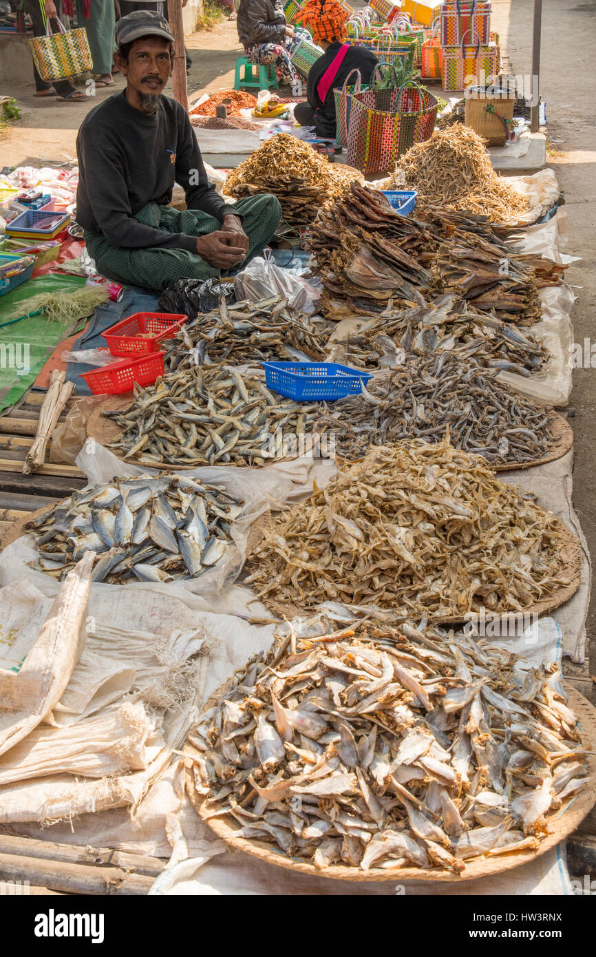 Pesci secchi al mercato a Nampan, Lago Inle, Myanmar Foto Stock