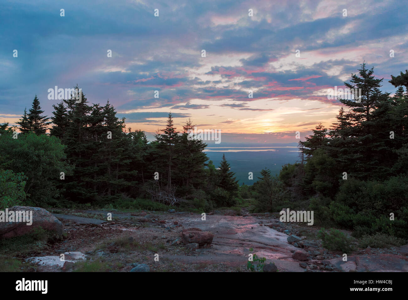 Alba sulle cime degli alberi sulla collina in remoto Foto Stock