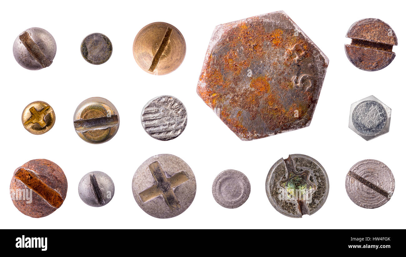 Vite chiodo del rivetto le teste dei bulloni insieme di raccolta isolati su sfondo bianco Foto Stock