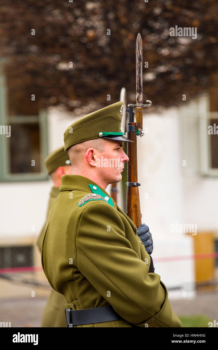 Cambio della Guardia, Palazzo Presidenziale Sandor, Castello di Buda Hill District. Budapest Ungheria, Europa sud-orientale Foto Stock