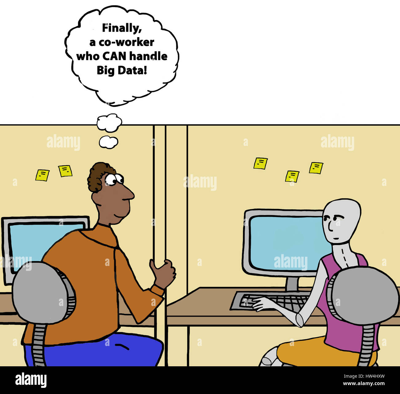 Business cartoon circa un robot che è in grado di gestire dati di grandi dimensioni. Foto Stock