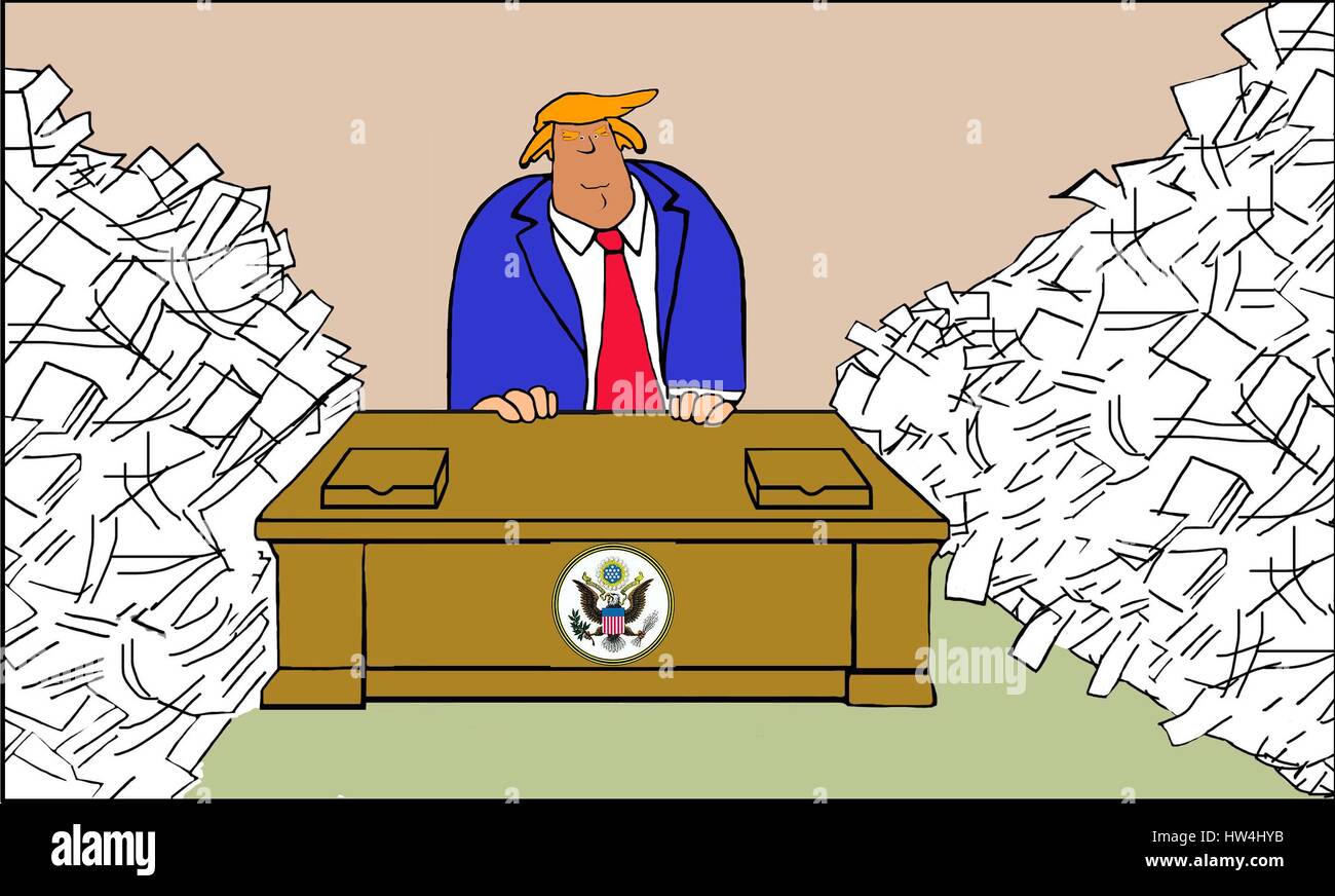 Illustrazione politico del Presidente Trump circondato da documenti cartacei. Foto Stock