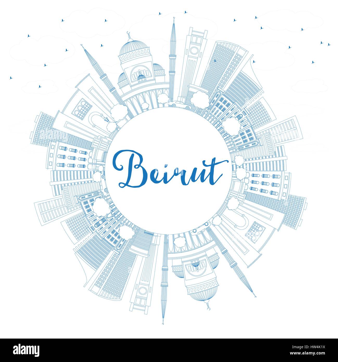 Profilo dello Skyline di Beirut con edifici blu e copia di spazio. Illustrazione Vettoriale. Viaggi di affari e di turismo con il concetto di architettura moderna. Illustrazione Vettoriale
